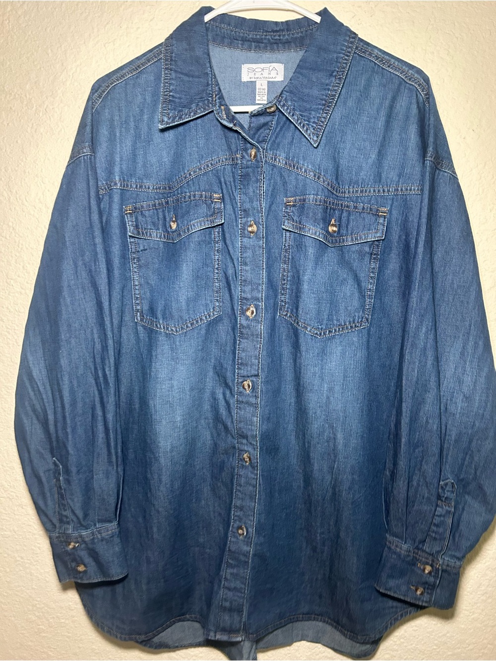 SOFIA Jeans Button-Front Denim Shirt Shacket Blue Large 12/14 Casual Summer - Picture 3 of 7